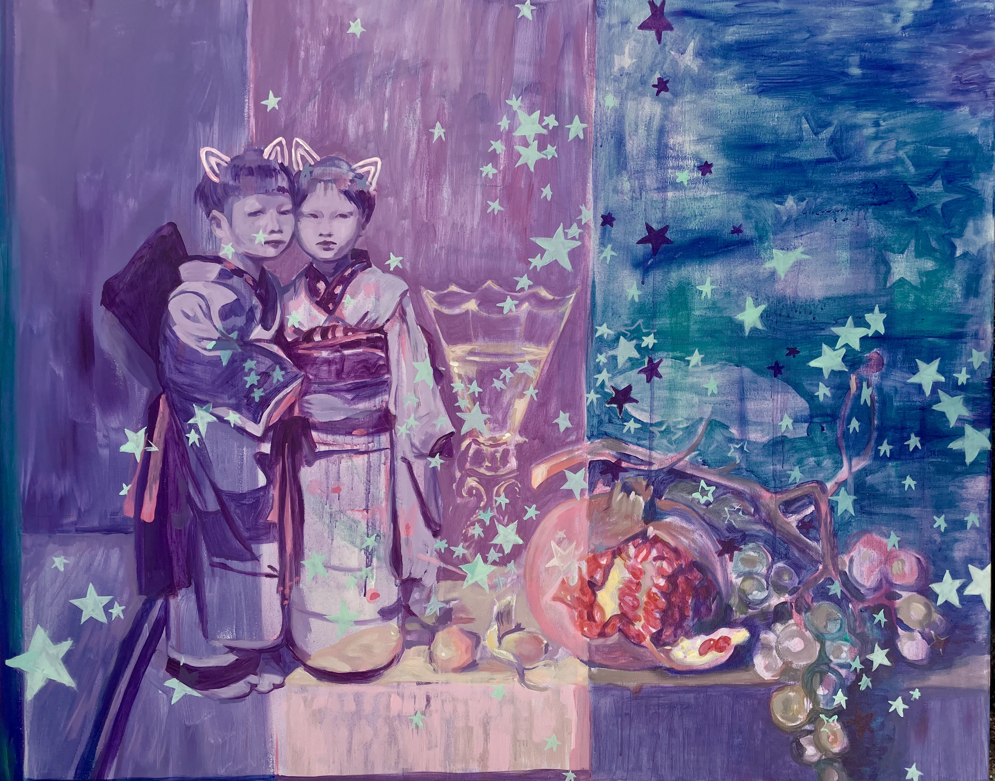 Acrylic painting, pomegranates, children, cat ears, stars, blue, purple